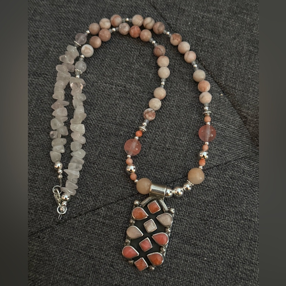 Beautiful Coral & Quartz Beaded Necklace with Sterling & Stone Pendant